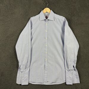 Thomas Pink Shirt Mens 16 36 Blue Striped French Cuff Dress Shirt Spread Collar